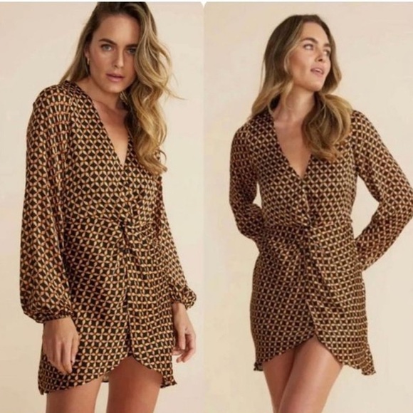 MINK PINK BY UO VALENTINA PATTERNED V-NECK LONG SLEEVES MINI DRESS SIZE Large - Picture 1 of 10